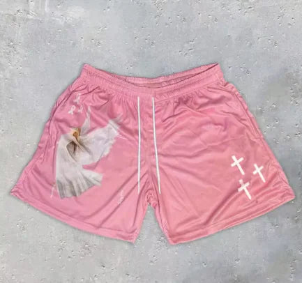 Y2K Christian Angel Cross Print Gym Shorts - BLITZBUY