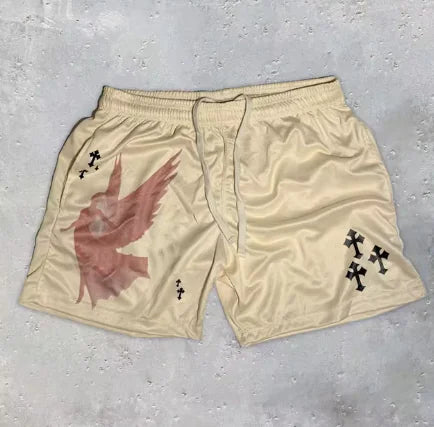 Y2K Christian Angel Cross Print Gym Shorts - BLITZBUY