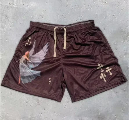Y2K Christian Angel Cross Print Gym Shorts - BLITZBUY