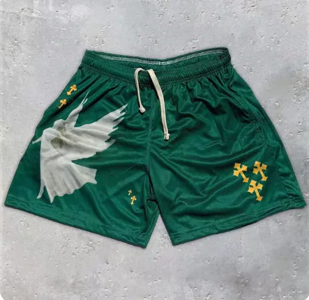 Y2K Christian Angel Cross Print Gym Shorts - BLITZBUY