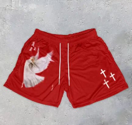 Y2K Christian Angel Cross Print Gym Shorts - 8OUT